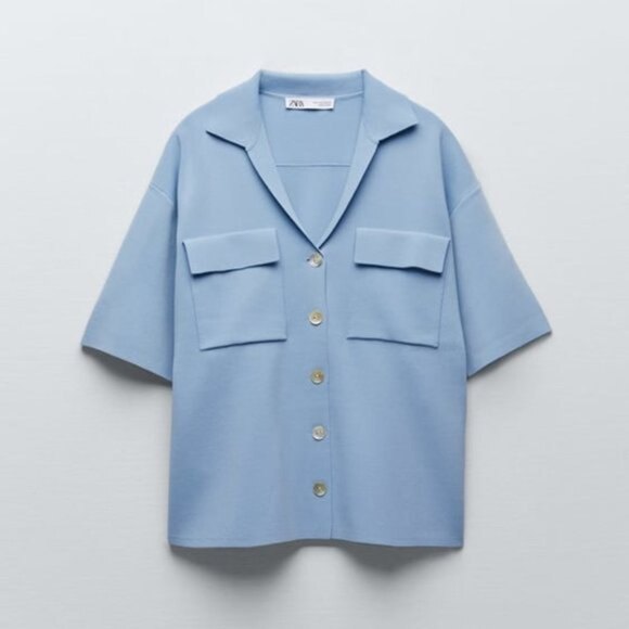 Blue Zara Button Front Chest Pockets Short Sleeve Knit Shirt (NWT) - Picture 1 of 7